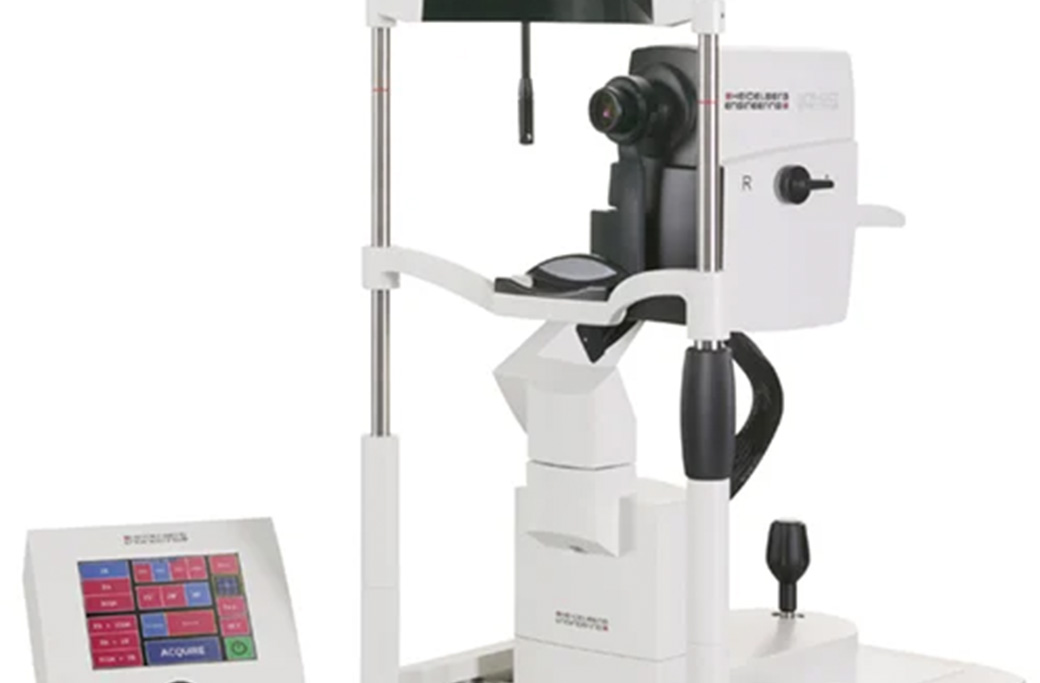 Patient completing a noninvasive OCT retinal imaging test.